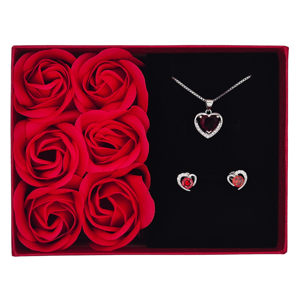 Eternal Heart Jewelry & Artisan Soap Rose Gift Set – Stainless Steel Necklace & Earrings with Customizable Message Card